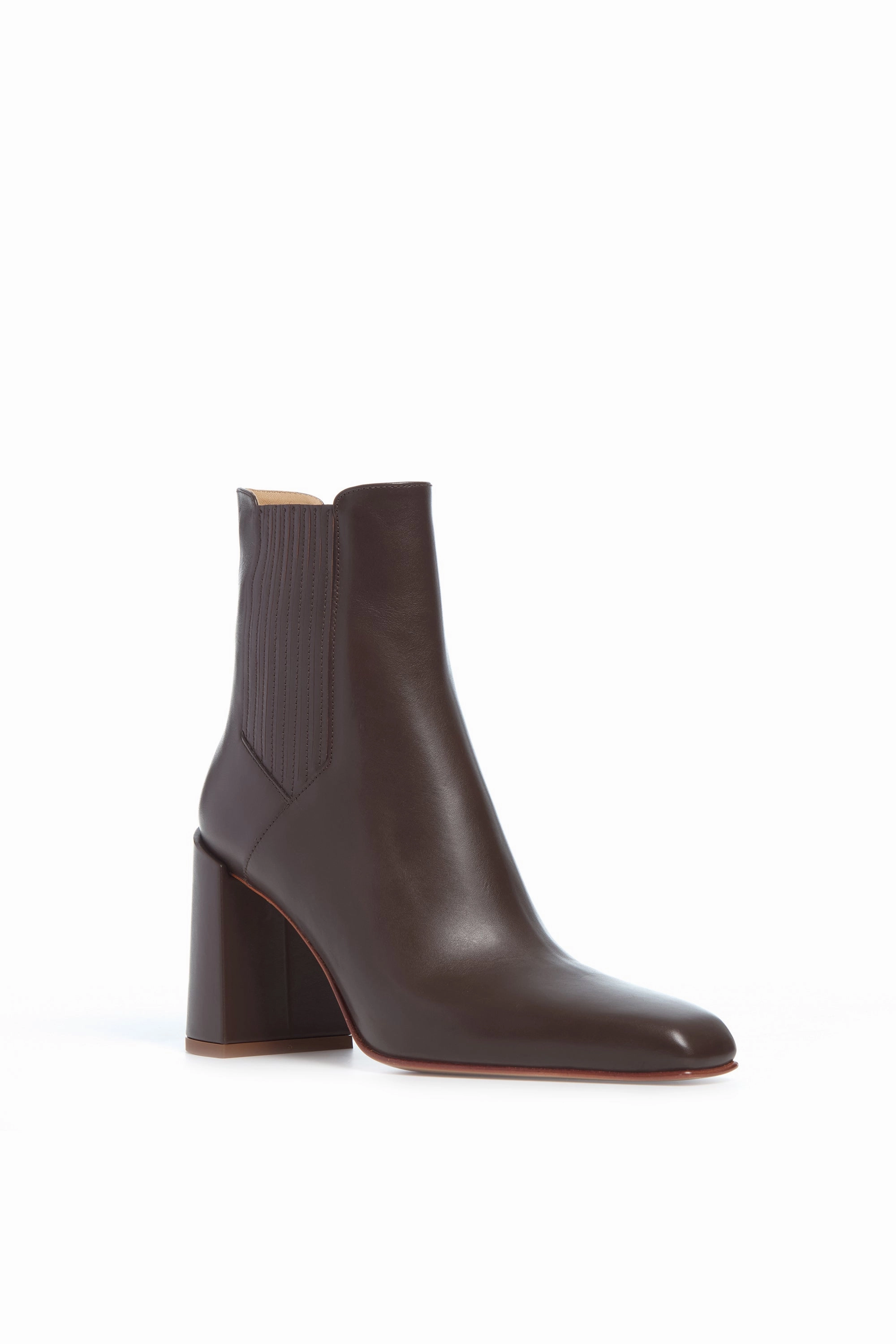 Luke High Heel Ankle Boot in Chocolate Leather Rubber Tread Pattern