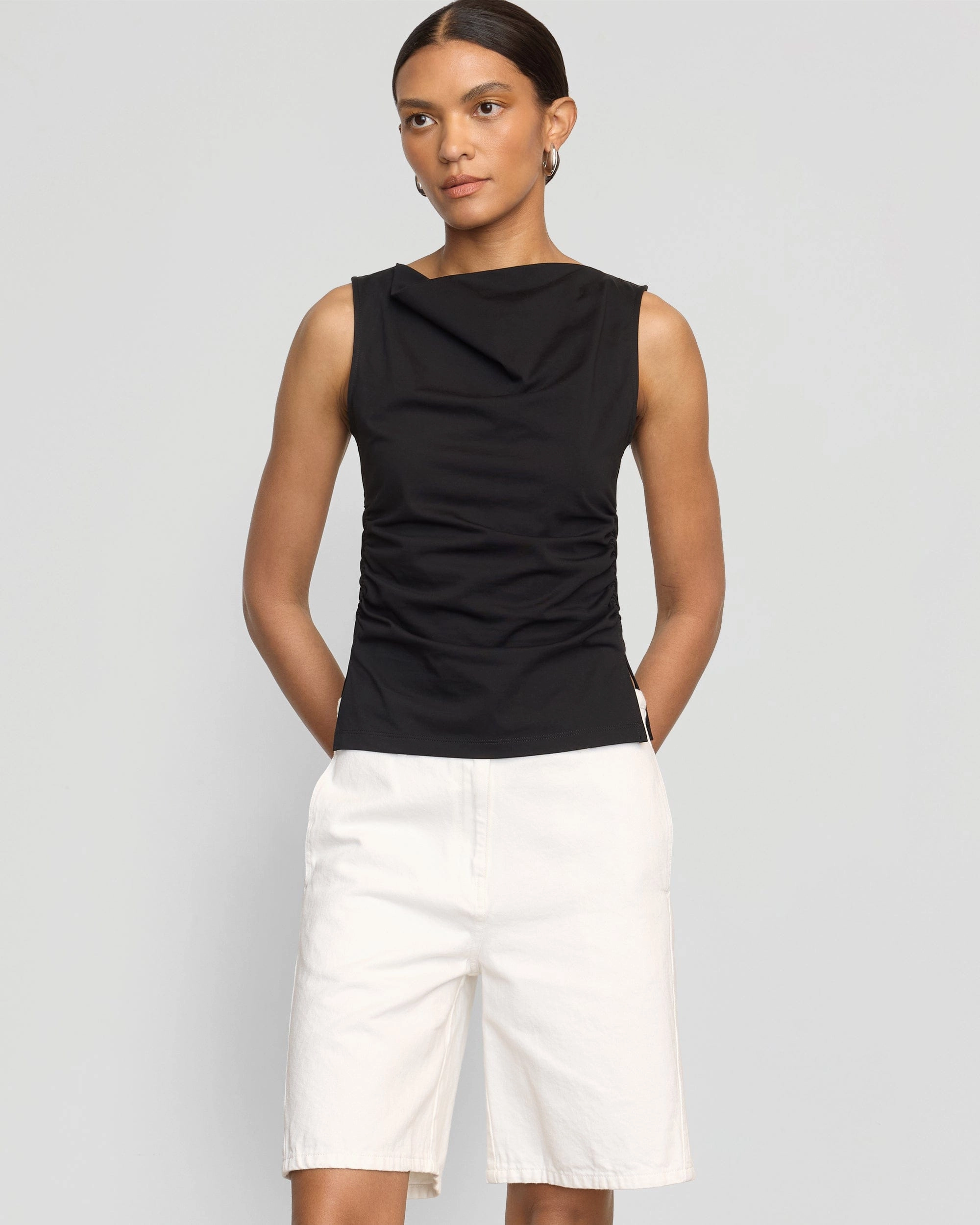 Comfy Essentials Trendy Fabric Josie Shirred-Side Cowl-Neck Tee