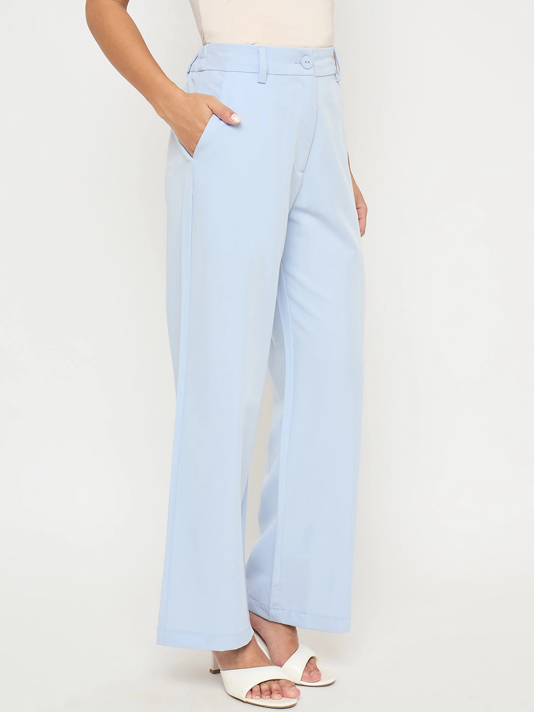 Quick Drying Flexible Knees Madame Solid Sky Blue Straight Fit Trousers