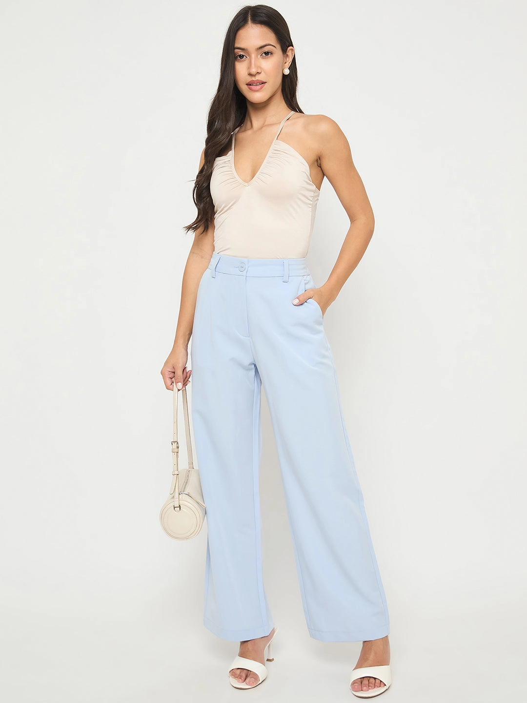 Cozy Material Stretch Fit Wear Madame Solid Sky Blue Straight Fit Trousers