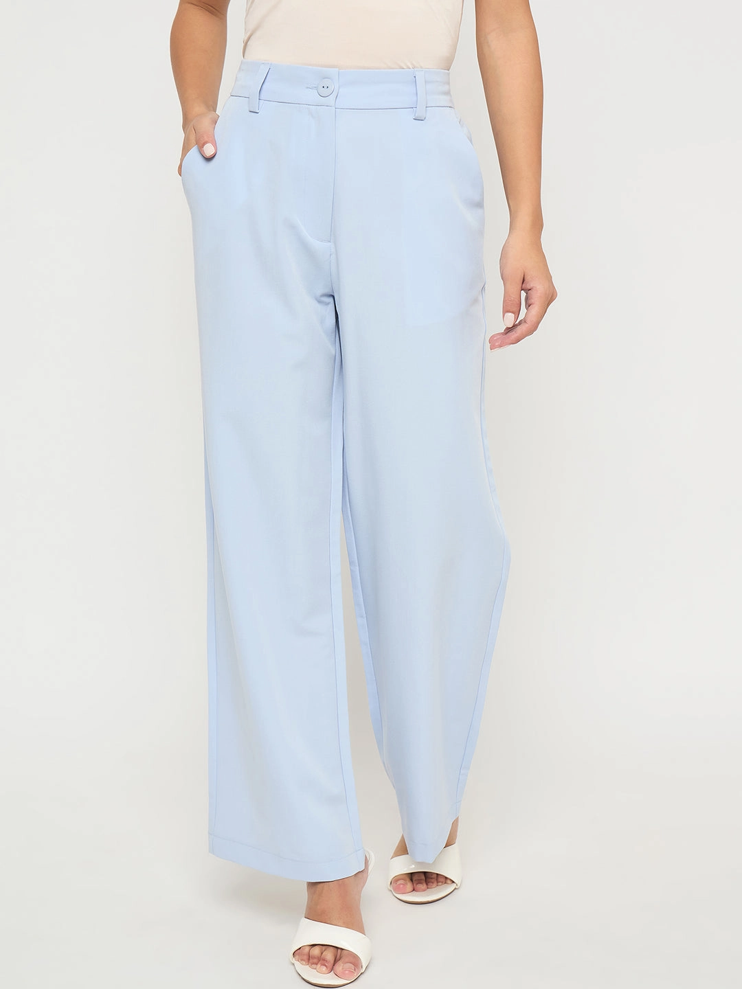 Madame Solid Sky Blue Straight Fit Trousers Heat Dissipating