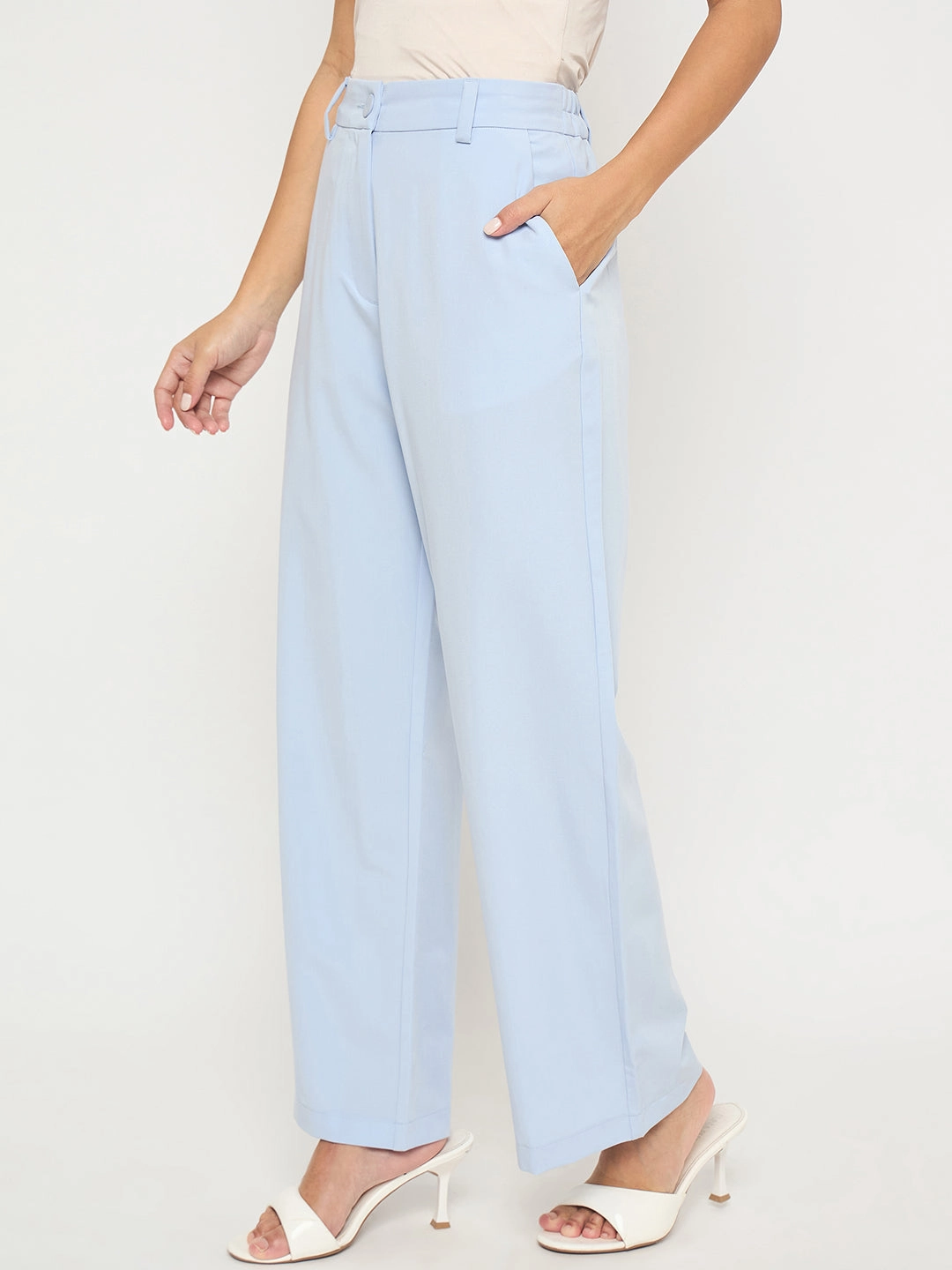 Madame Solid Sky Blue Straight Fit Trousers Sleek Comfort Formal Look