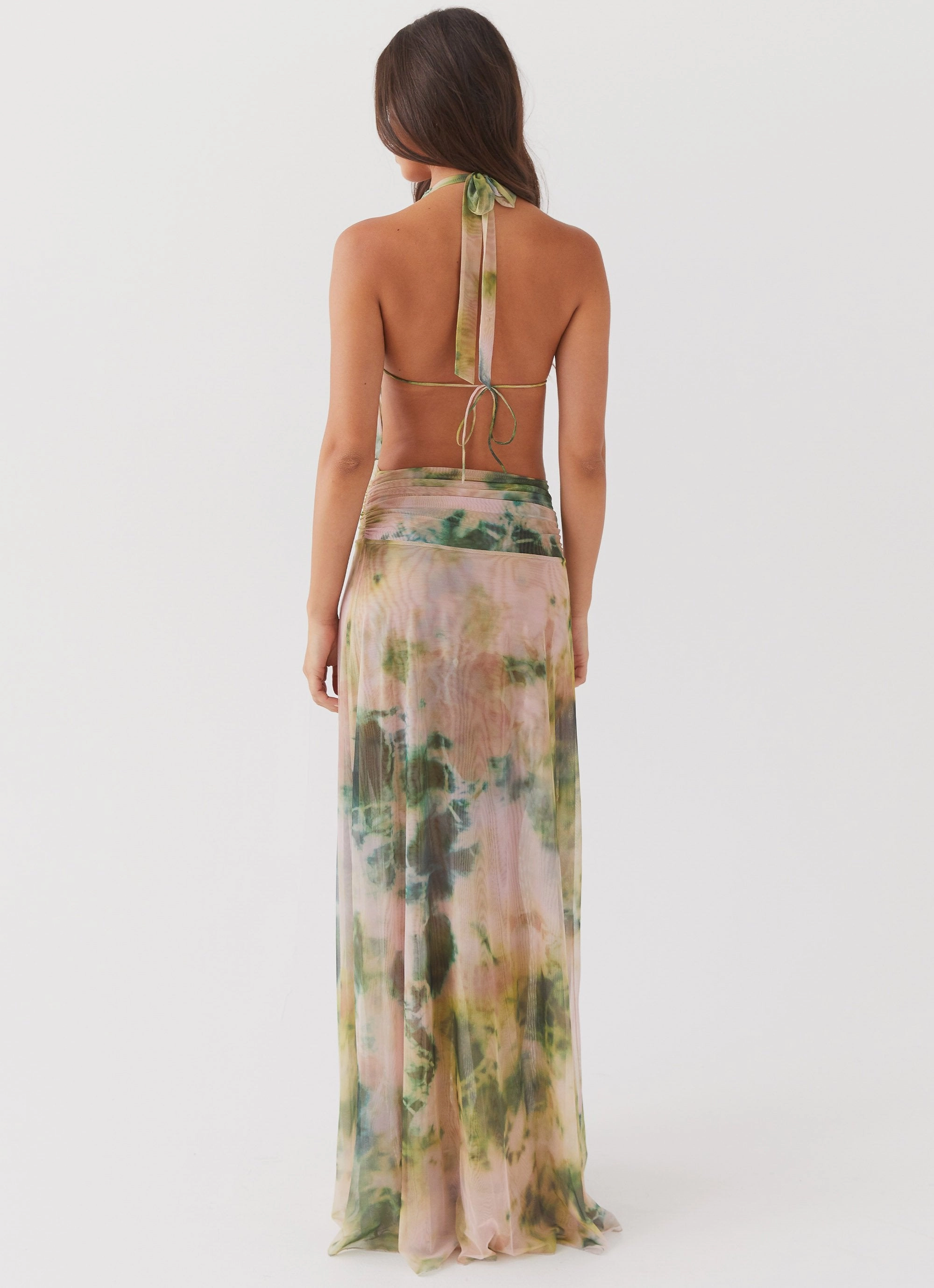 Embroidered-Sleeve Bloom Soft Elysia Mesh Maxi Dress - Rainforest