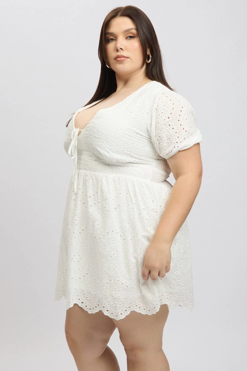 All Occasion White Tie Front Eyelet Lace Minidress