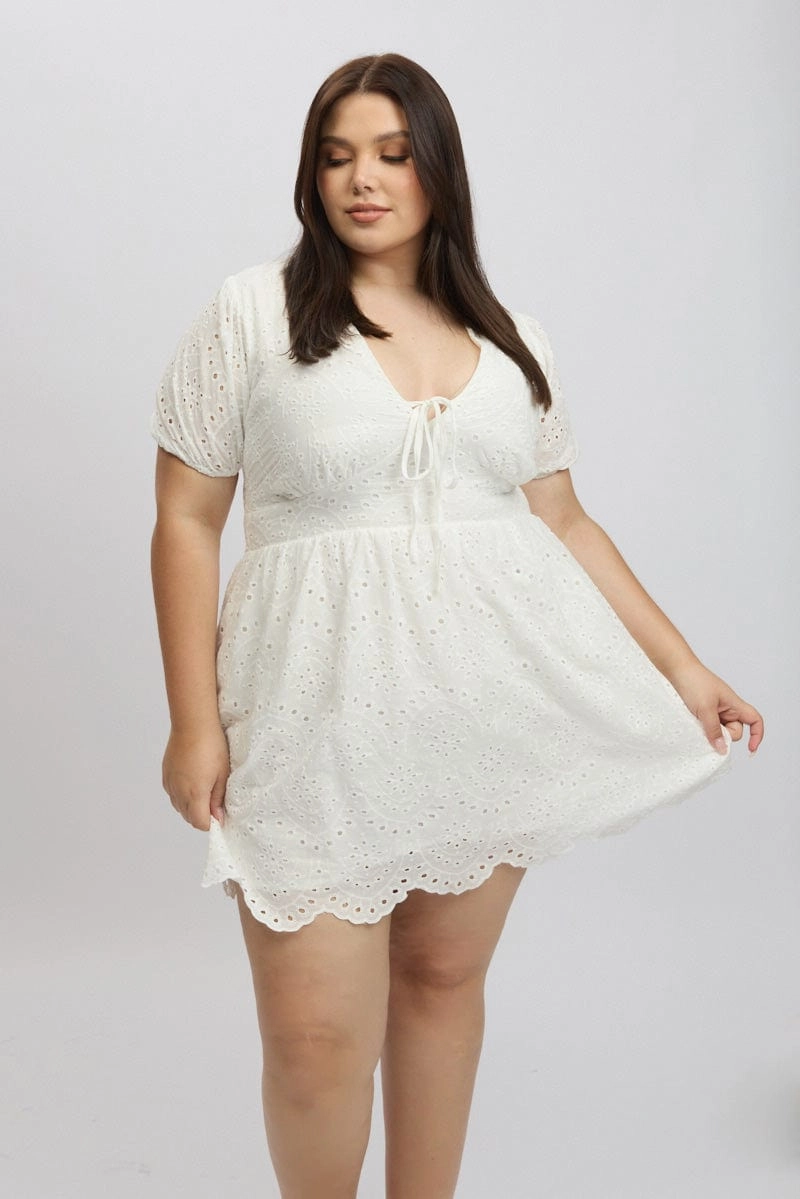 Work Chic Light Coral White Tie Front Eyelet Lace Minidress