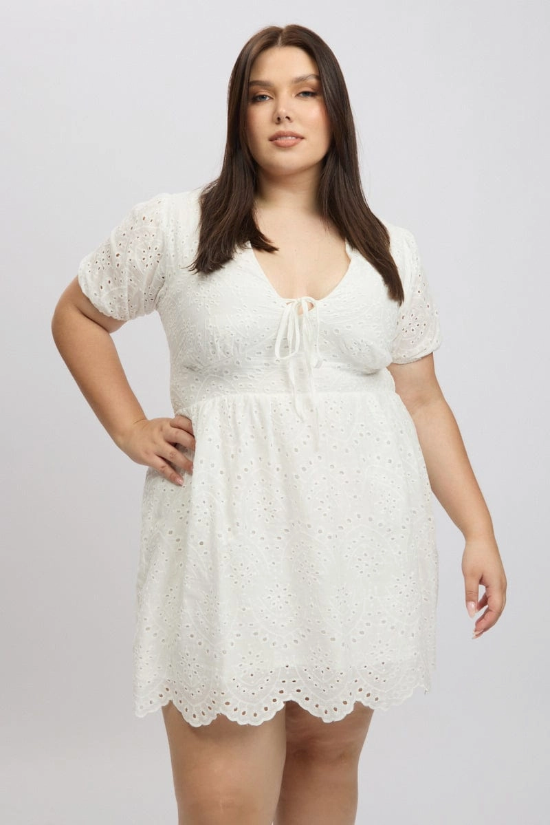 White Tie Front Eyelet Lace Minidress Seamless-Look Relaxed Movement