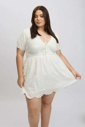 Work Chic Light Coral White Tie Front Eyelet Lace Minidress