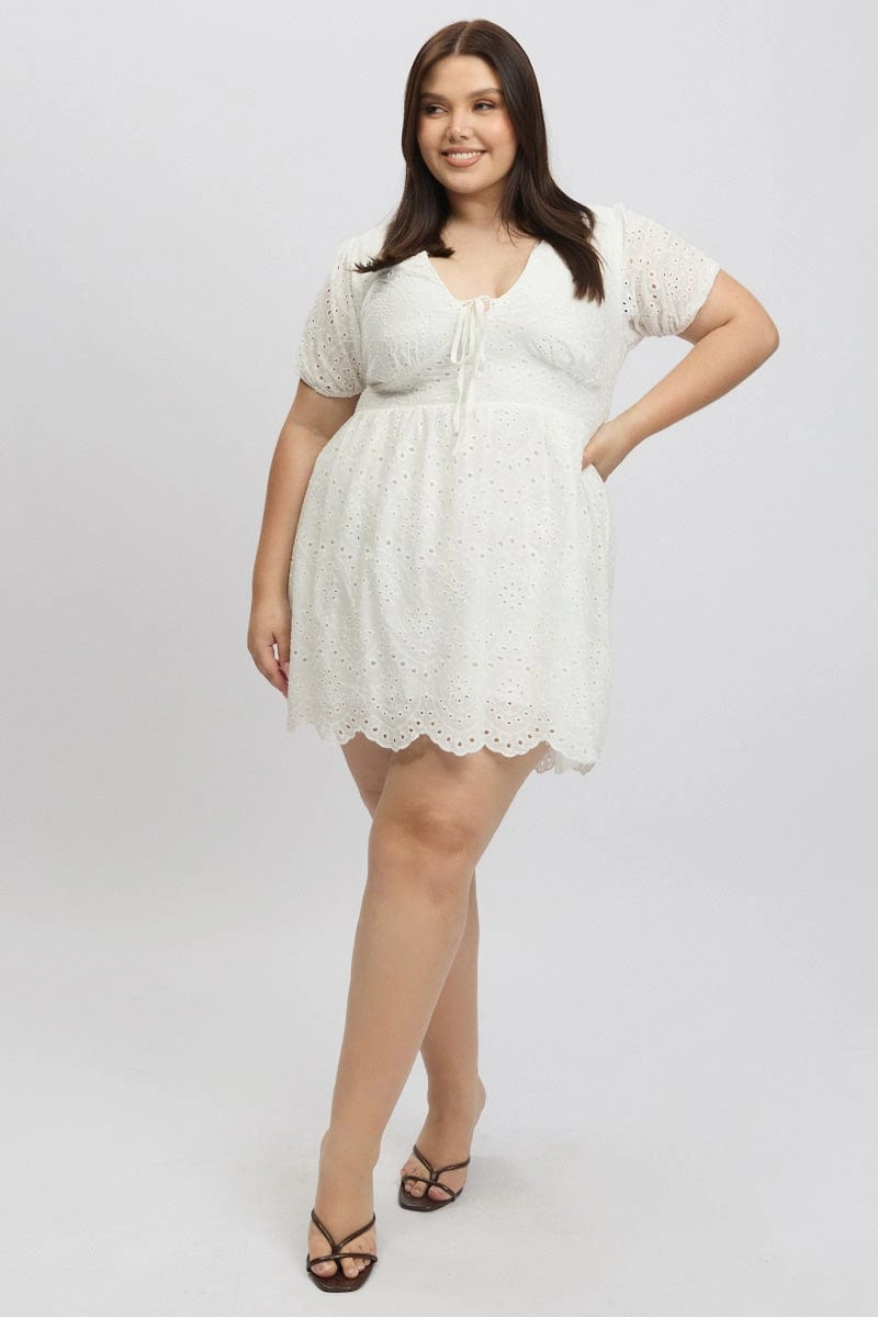 Celebration Wear Lightweight-Structure White Tie Front Eyelet Lace Minidress