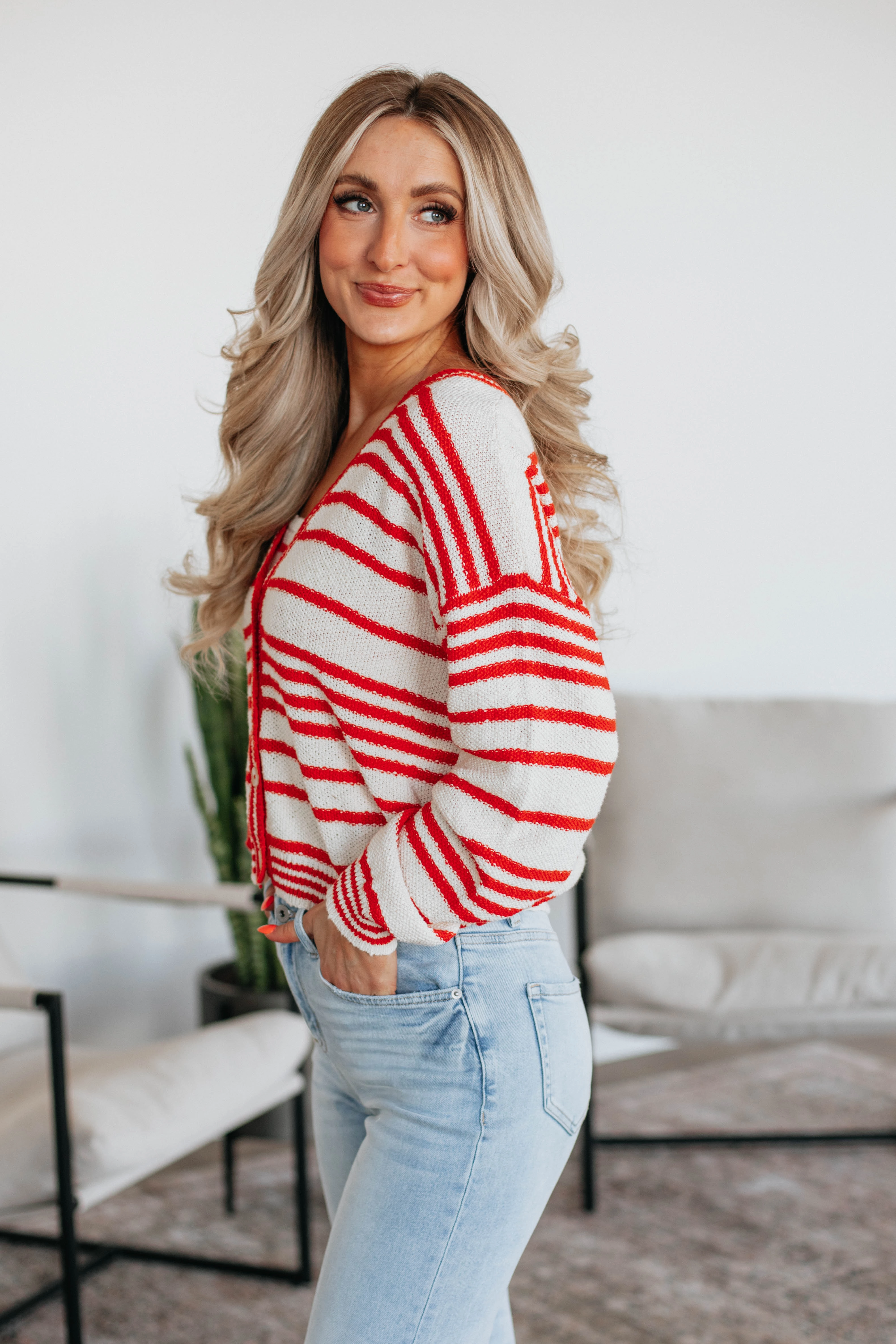 Scottie Striped Cardigan - Cherry Mix Flexible Ribbed Trim Non Restrictive Armhole