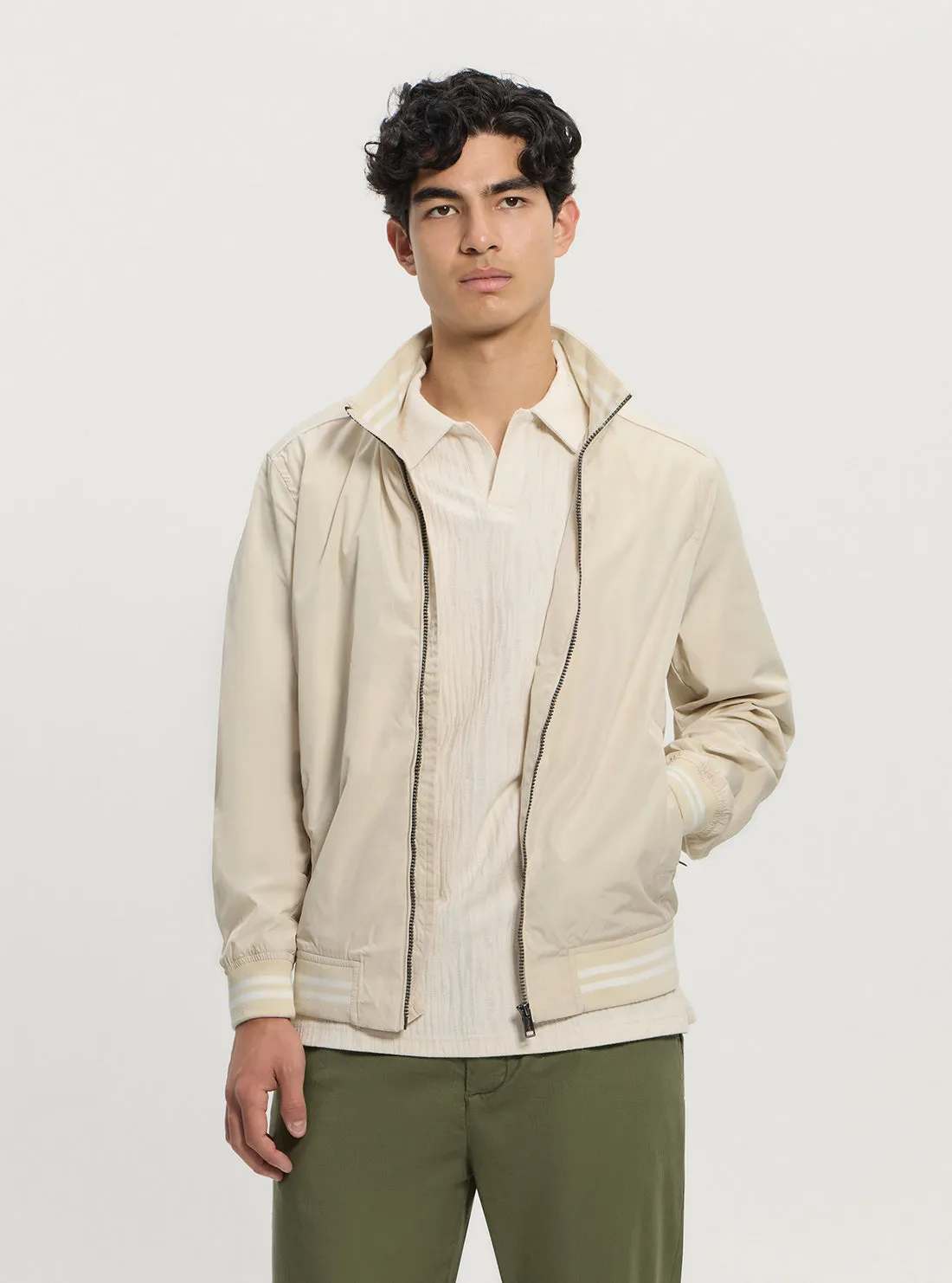 TemperatureRegulating Tech Convertible Features Eco Beige Urban Satin Bomber Jacket