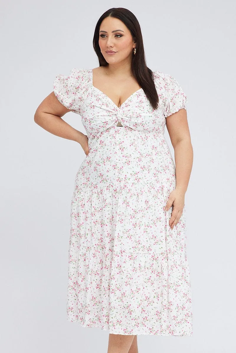 Luxe style Light Soft White Ditsy Midi Dress Short Sleeve Cut Out Tiered