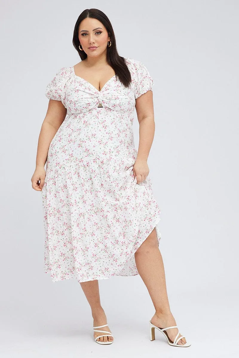 White Ditsy Midi Dress Short Sleeve Cut Out Tiered Fresh Energy