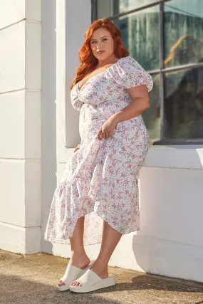 White Ditsy Midi Dress Short Sleeve Cut Out Tiered Silky Mood Versatile Layer Wear