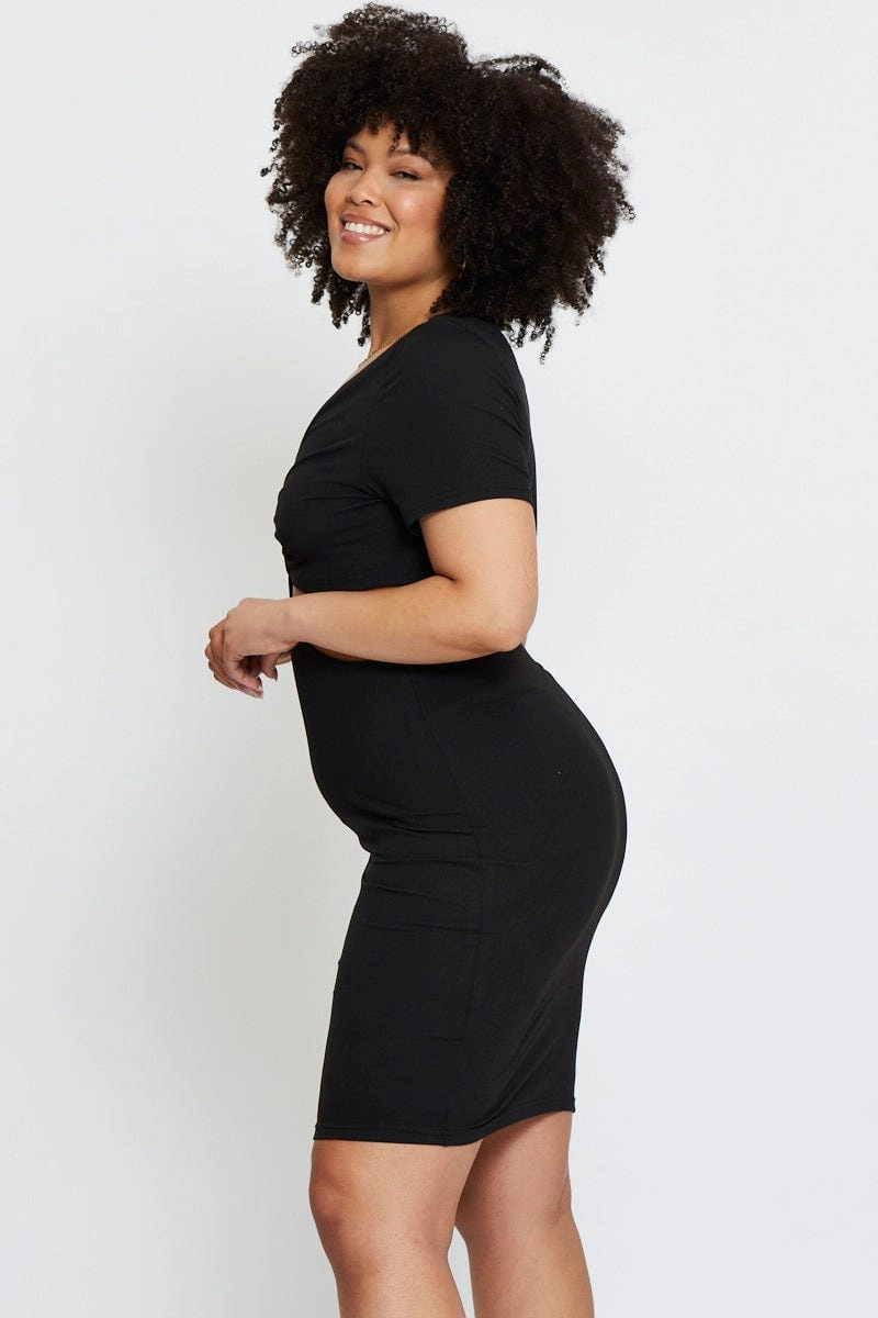 Black Mini Bodycon Dress Colla Short Sleeve Jersey Drawstring-Waist