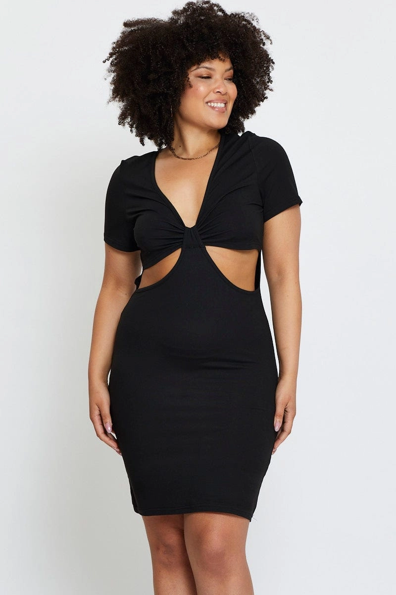 Black Mini Bodycon Dress Colla Short Sleeve Jersey Travel Staple Perfect Style Wear