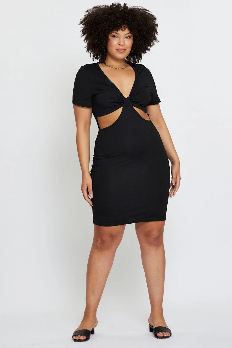 Natural Form Black Mini Bodycon Dress Colla Short Sleeve Jersey