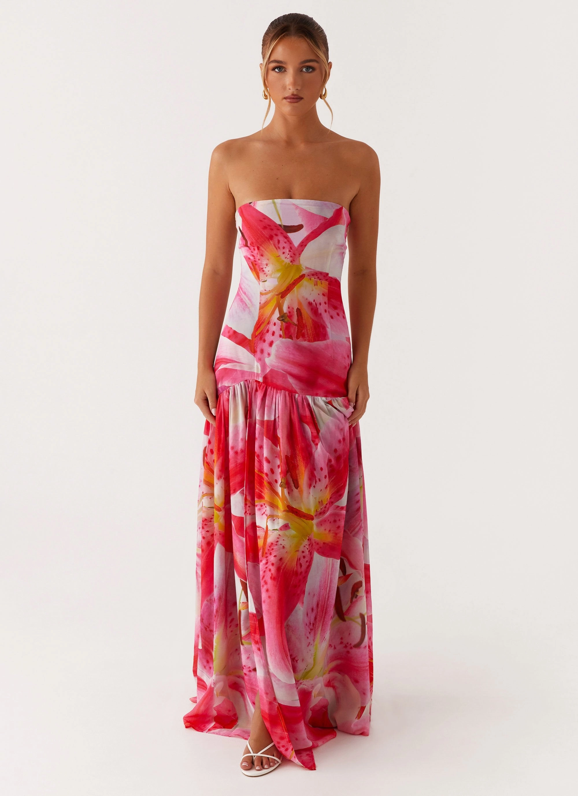 Power Soft Eden Strapless Maxi Dress - White Pink Lilly