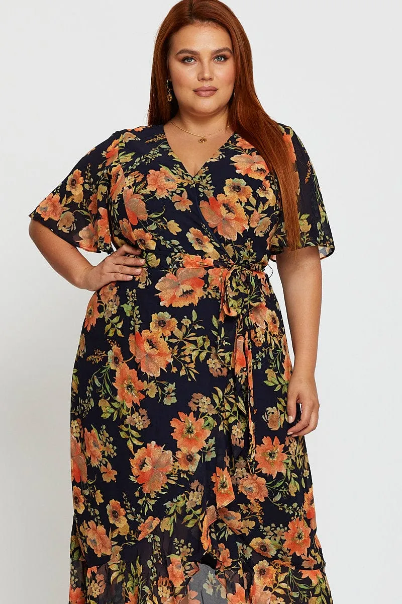 Blue Floral Print Midi Dress V-neck Short Sleeve cut out