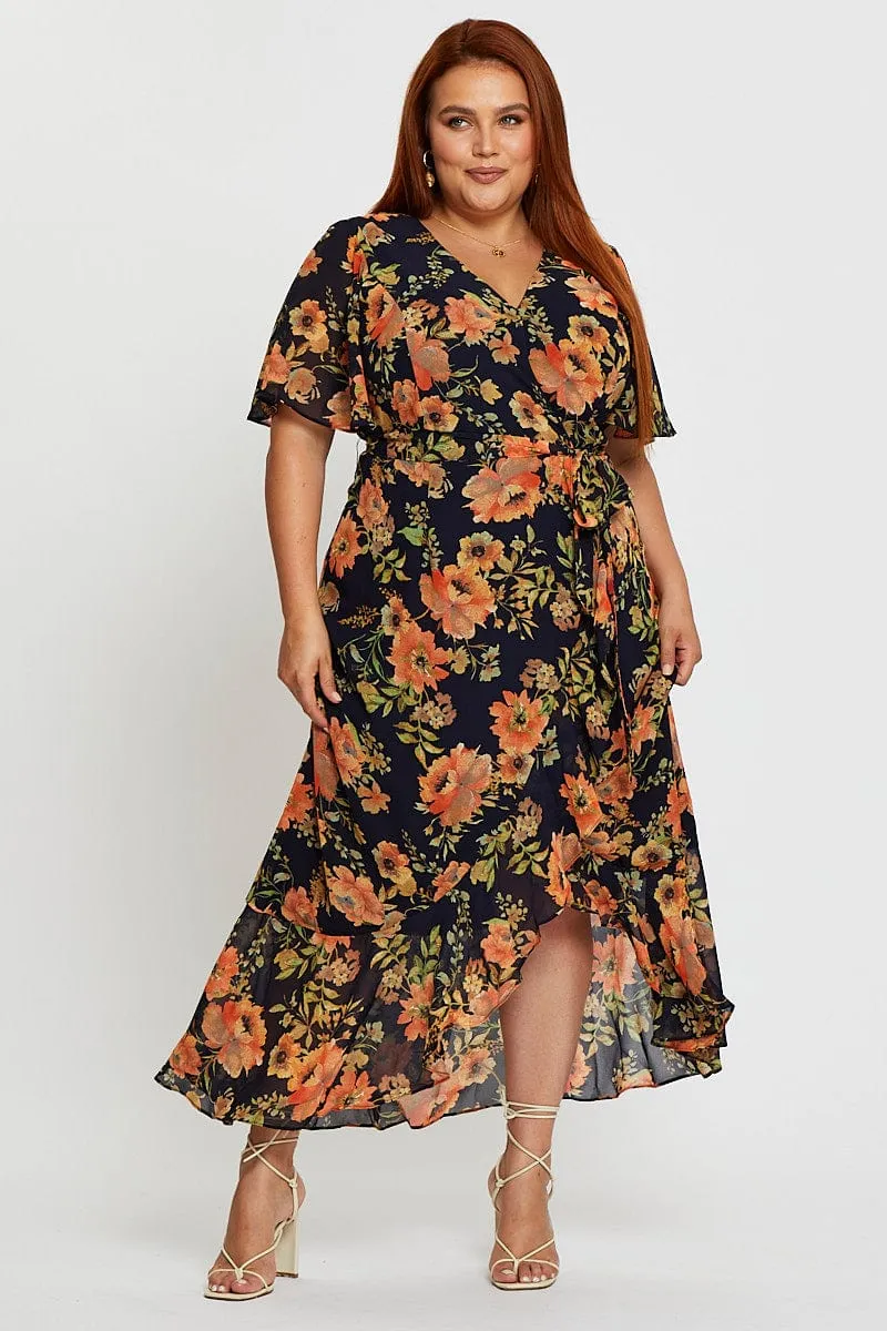 Timeless fitted silhouette Lightweight-Lining Blue Floral Print Midi Dress V-neck Short Sleeve