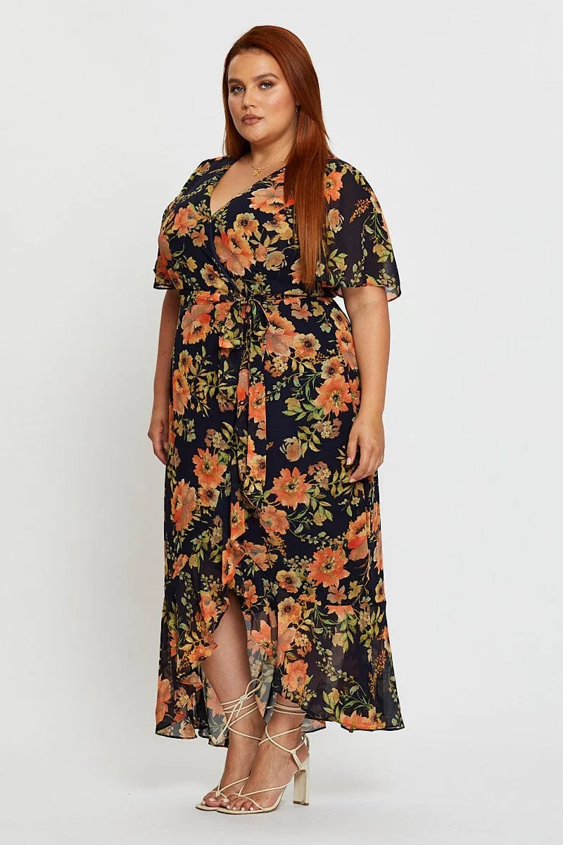 Blue Floral Print Midi Dress V-neck Short Sleeve wrap waist