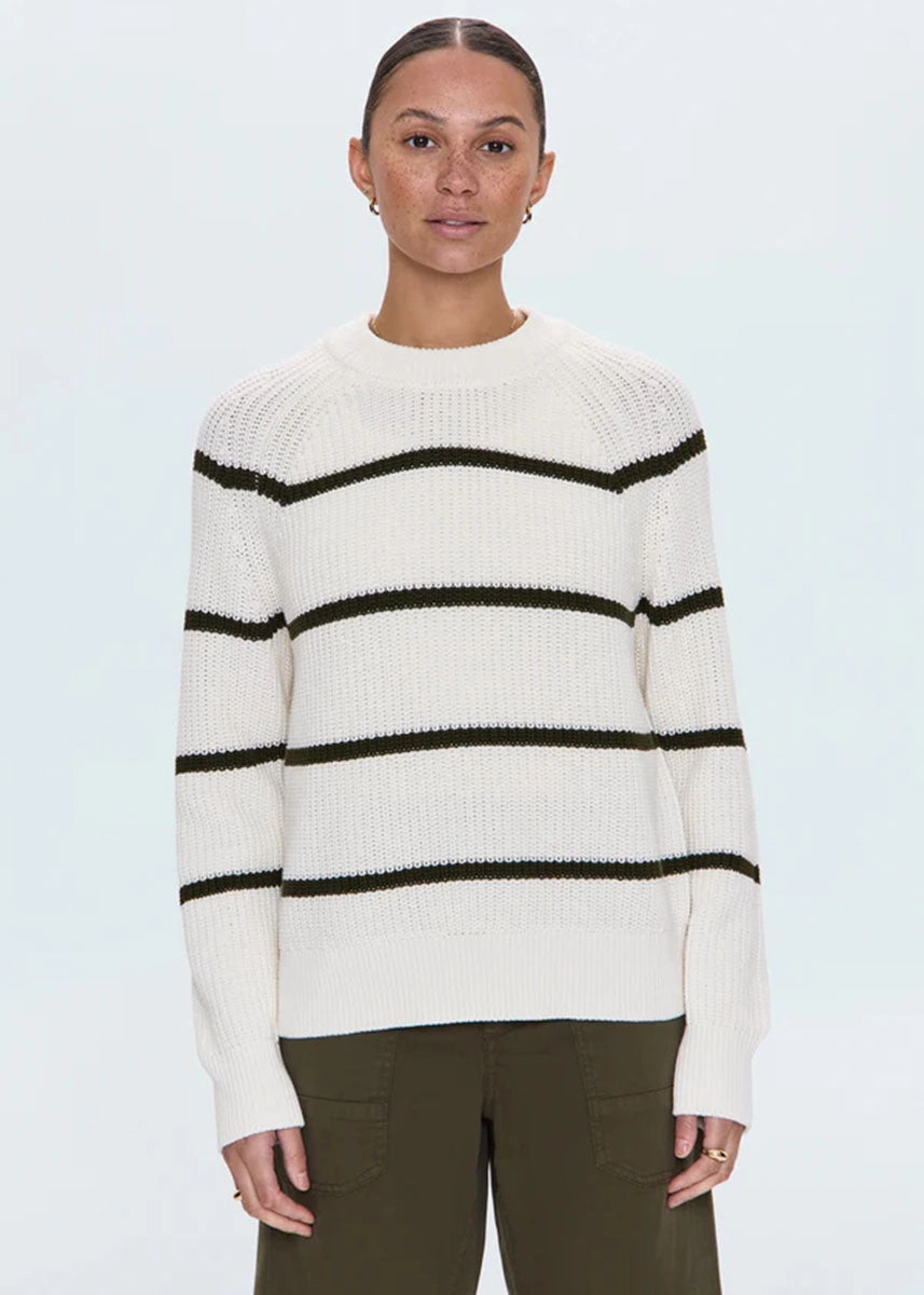 Edie Raglan Crewneck Sweater - Olive Stripe Comfortable Stretch