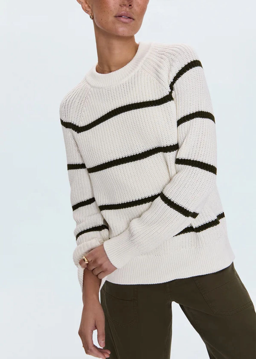 Edie Raglan Crewneck Sweater - Olive Stripe Snug Layers Chunky Yarn