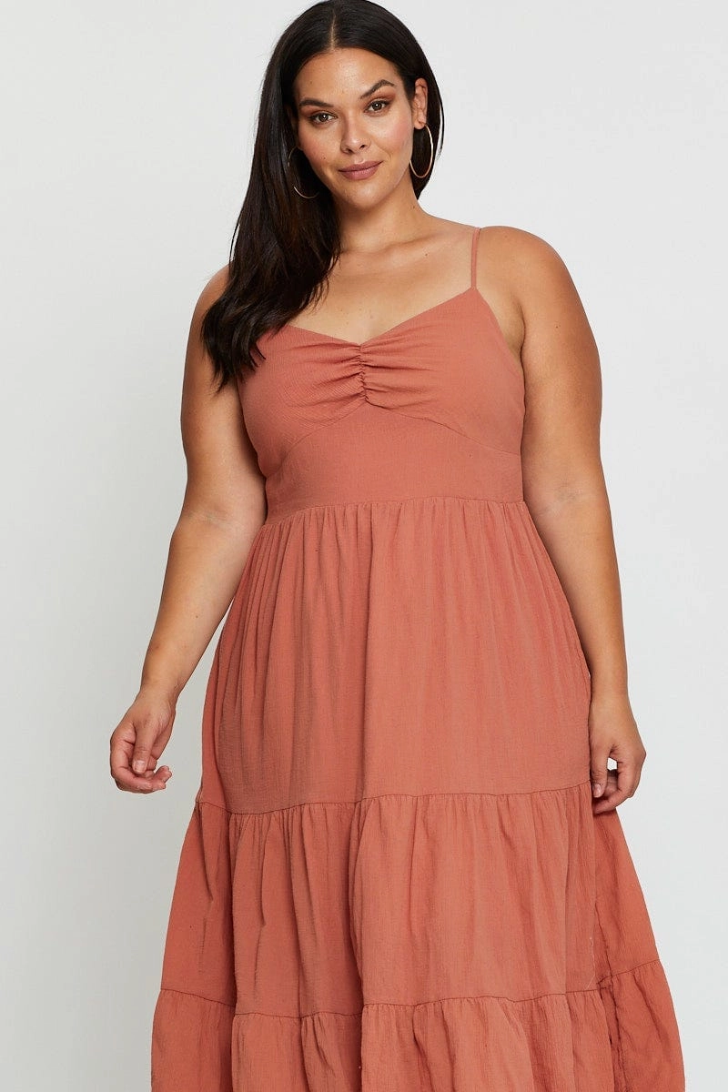 Brown Midi Skater Dress Sleeveless Tie Travel Option