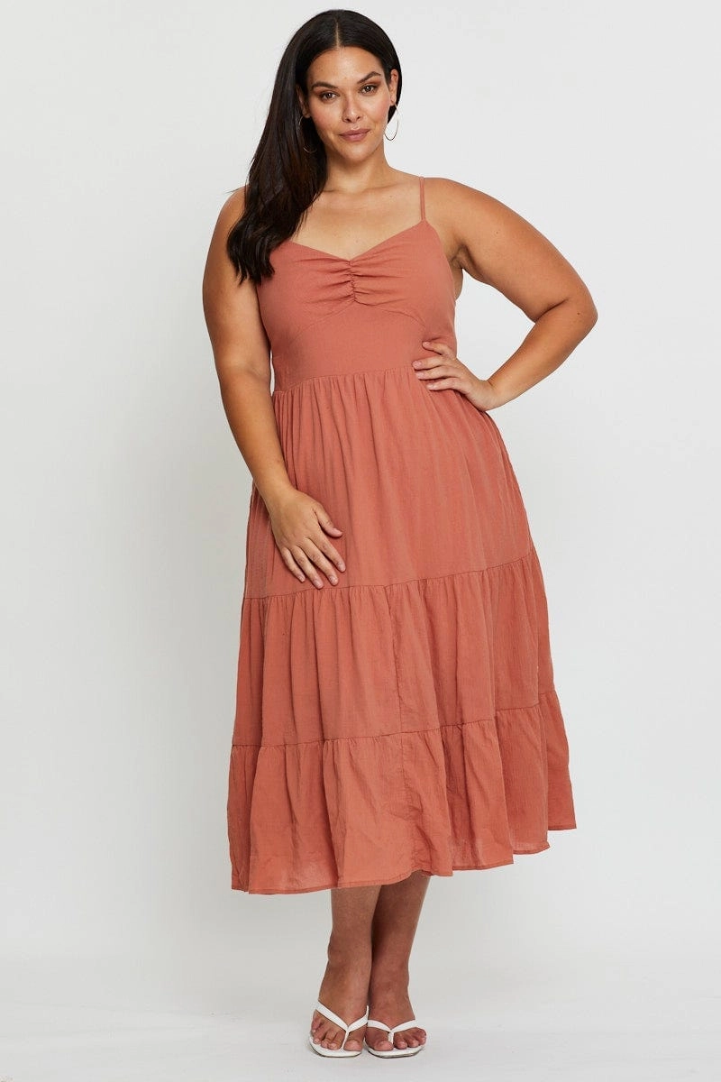 Easy Layering Piece Vibrant patterned dress Brown Midi Skater Dress Sleeveless Tie