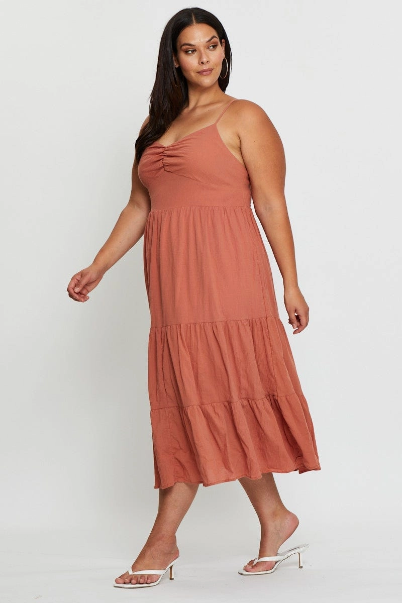 Brown Midi Skater Dress Sleeveless Tie Stylish and Simple