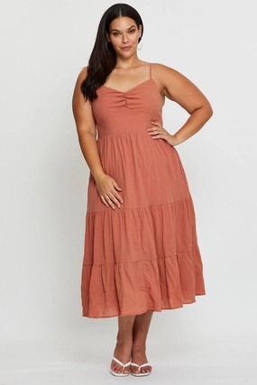 Easy Layering Piece Vibrant patterned dress Brown Midi Skater Dress Sleeveless Tie