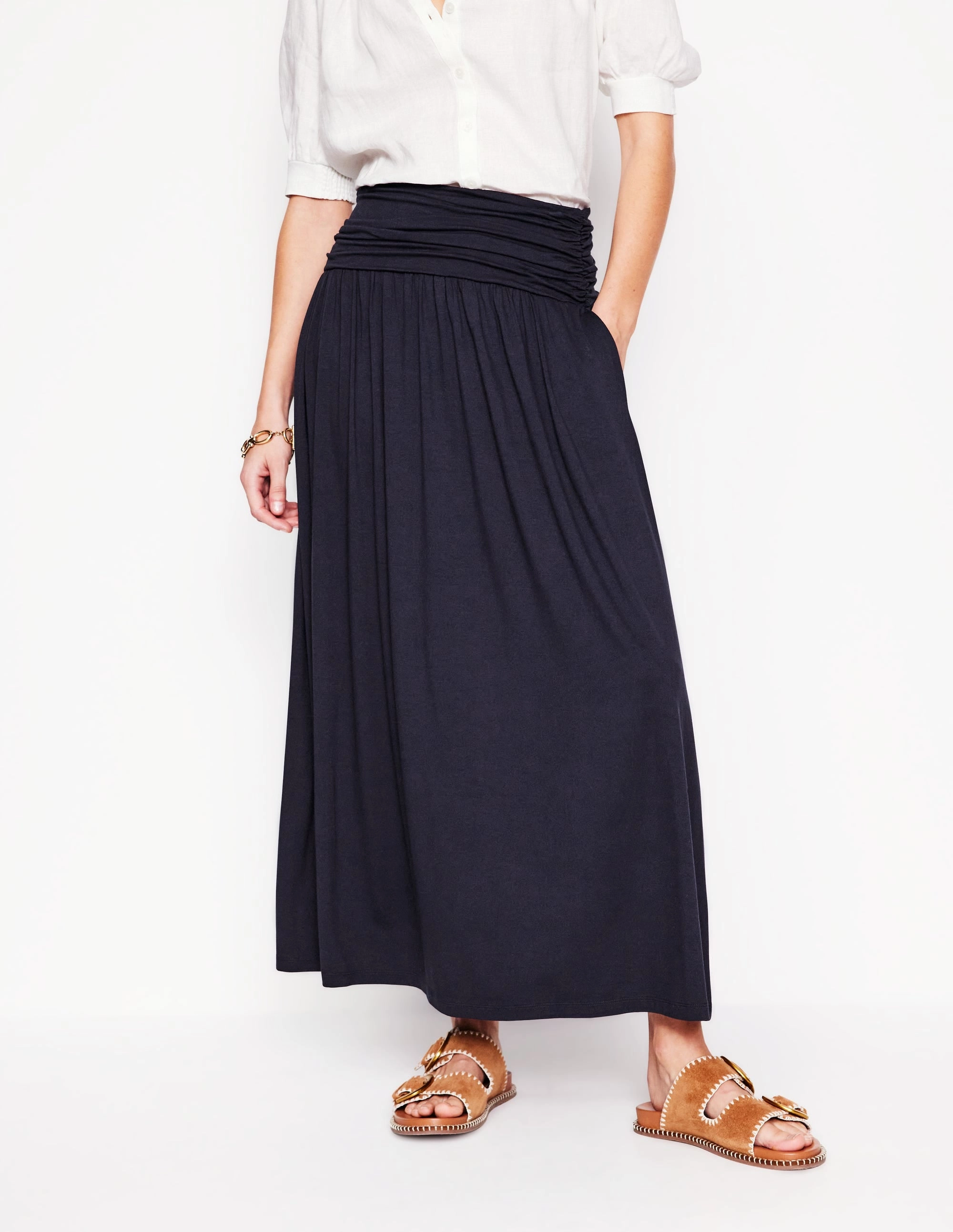 Rosaline Jersey Skirt-Navy Crossback Strap Adjustable Hem