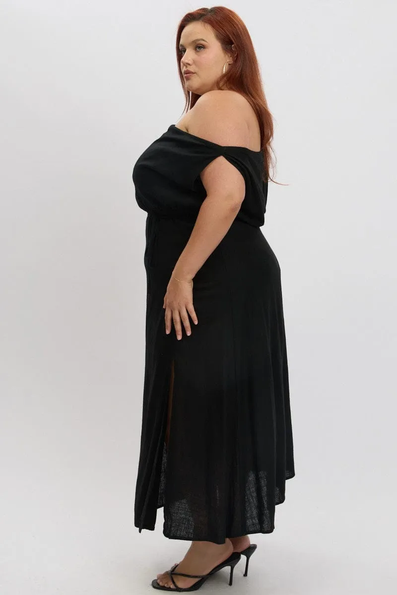 Black Midi Dress Short Sleeve Asymmetric Shoulder Flattering Waist Trend Movement