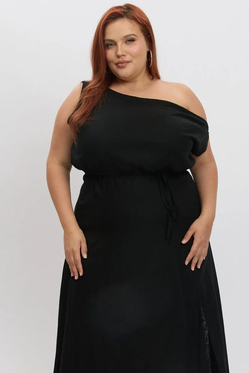 City Layers Black Midi Dress Short Sleeve Asymmetric Shoulder