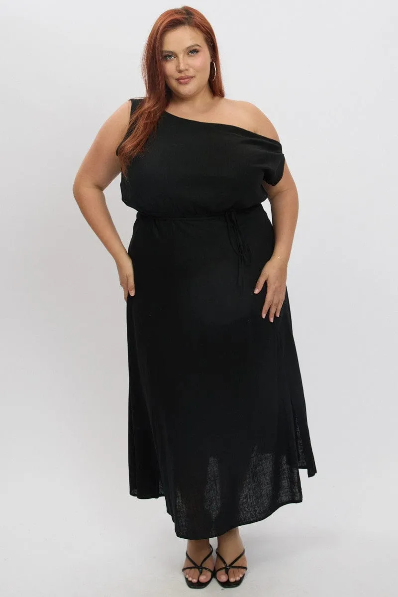 Black Midi Dress Short Sleeve Asymmetric Shoulder Chic boho dress Soft Drape