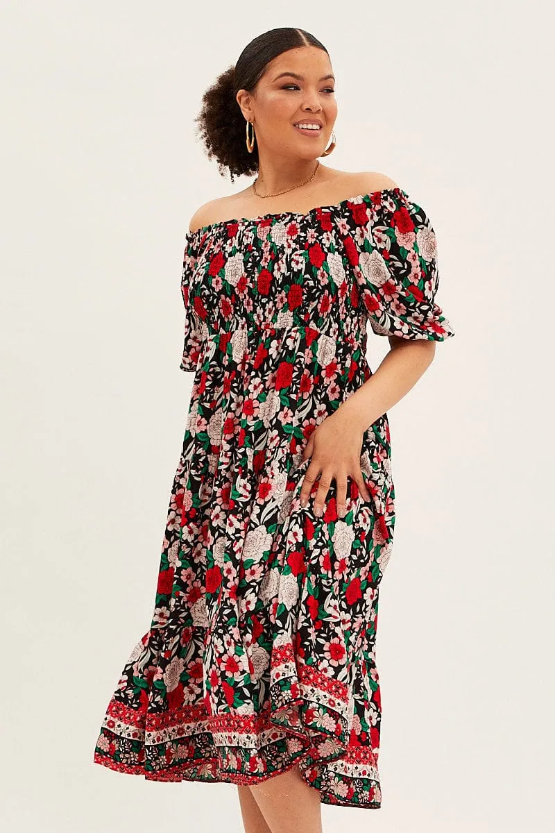 Edgy Look Multi Boho Midi Dress Off Shoulder Tie Back