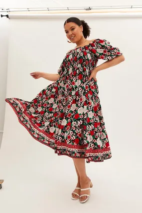 Adjustable-Length Multi Boho Midi Dress Off Shoulder Tie Back