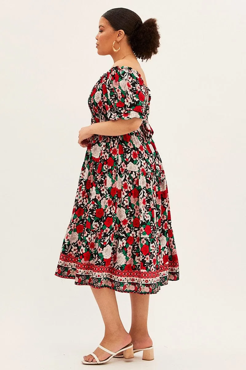 Multi Boho Midi Dress Off Shoulder Tie Back Feminine Energy