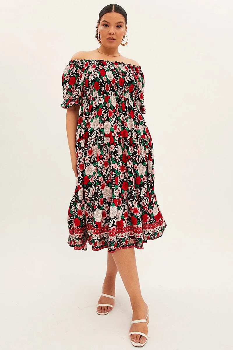 Night Mood Cozy Texture Multi Boho Midi Dress Off Shoulder Tie Back