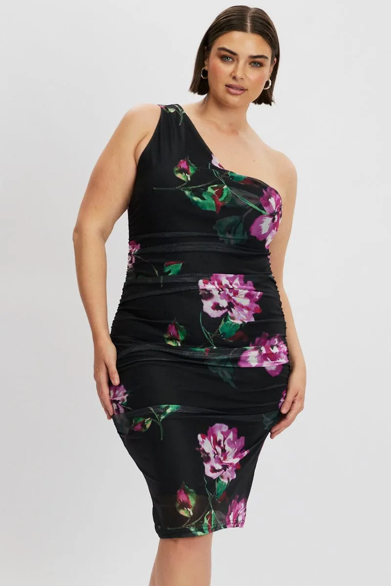 Black Floral One Shoulder Ruched Midi Dress Office Layer