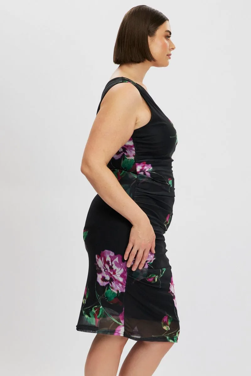 Black Floral One Shoulder Ruched Midi Dress Back-Zip Timeless Fit Look