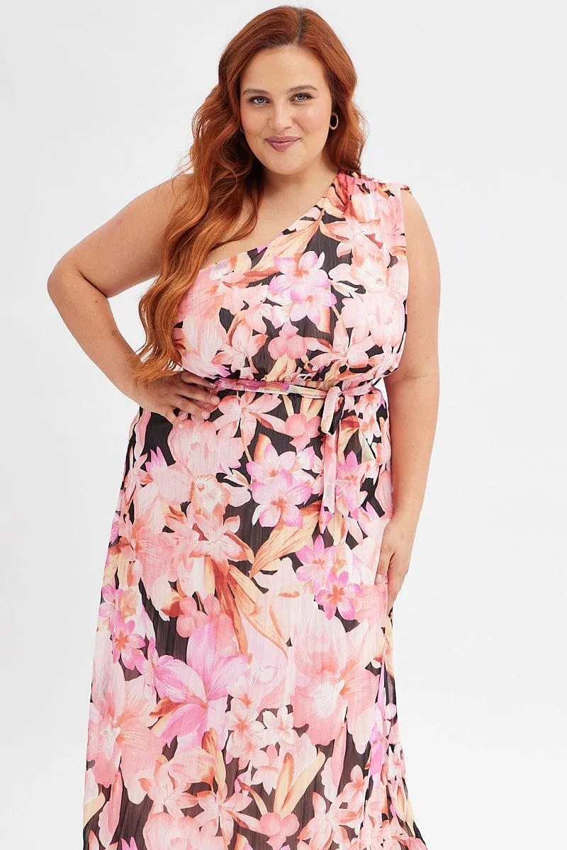 Orange Floral Midi Dress One Shoulder Relax Appeal