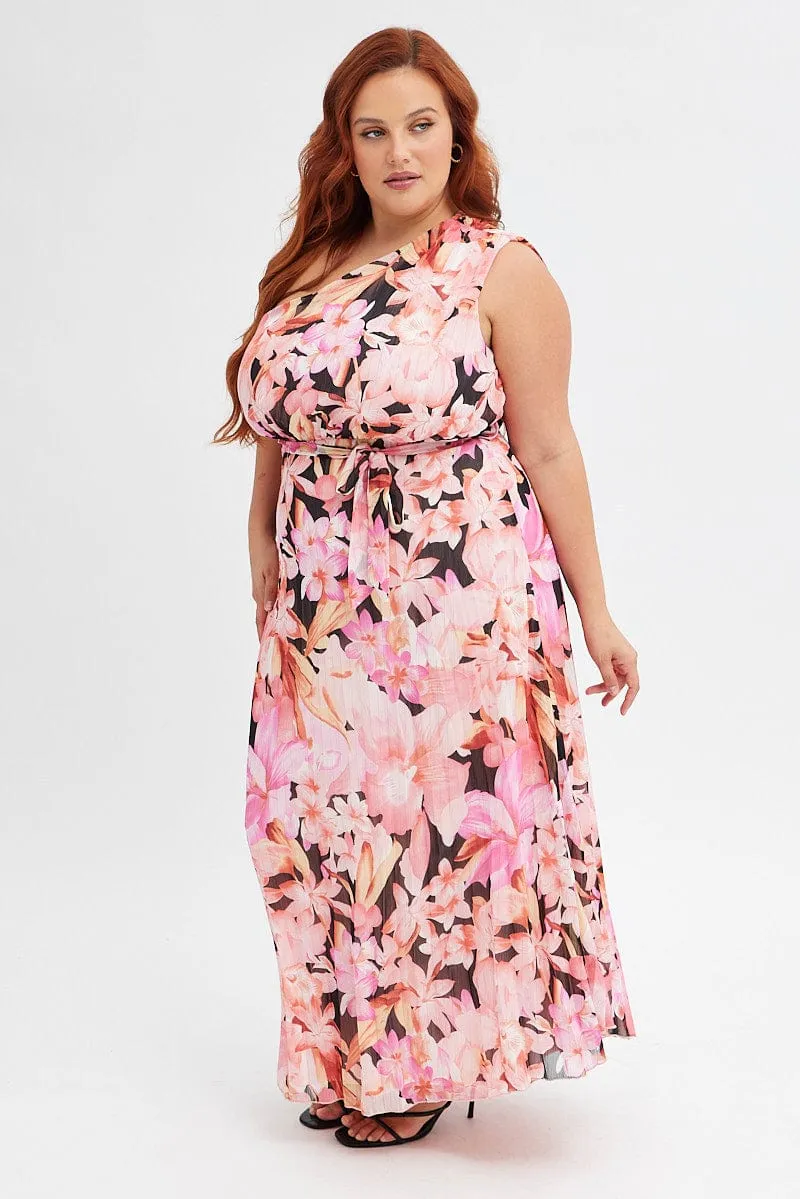 Grace Flow Orange Floral Midi Dress One Shoulder