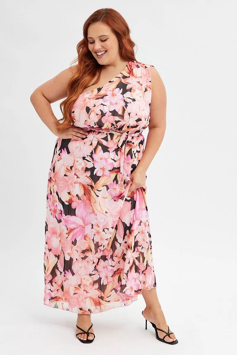 Luxe style Orange Floral Midi Dress One Shoulder