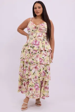 Long Sleeve Textured Surface Yellow Floral Midi Dress Sleeveless Tiered Ruched Bust