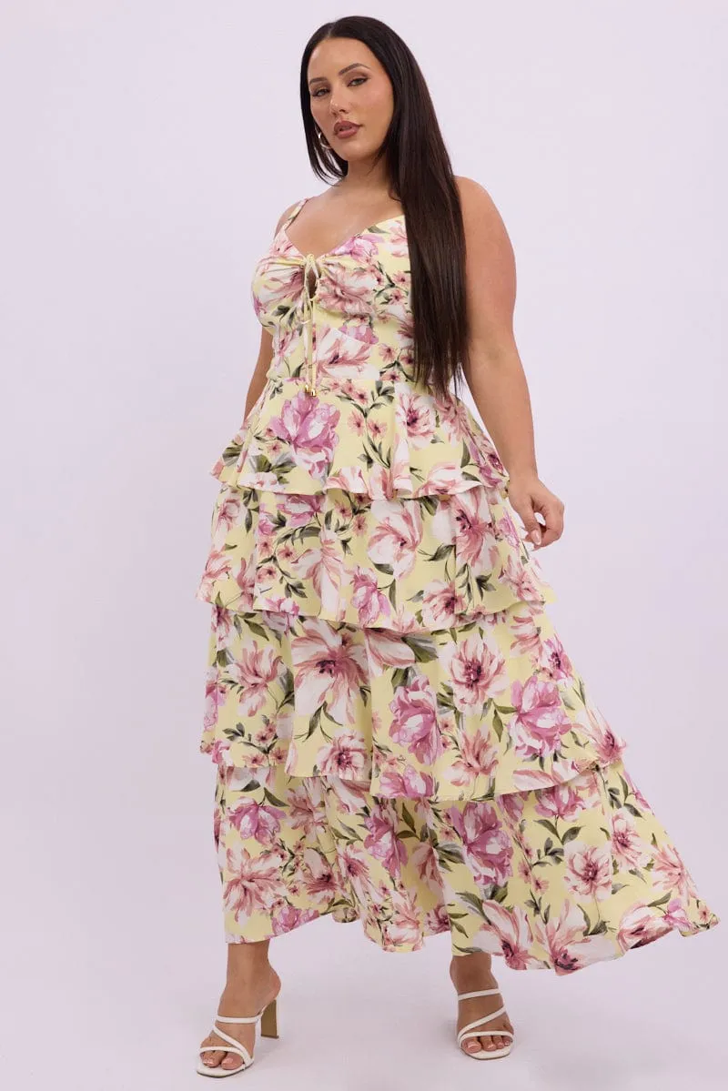 Yellow Floral Midi Dress Sleeveless Tiered Ruched Bust Polished Style Gentle Glow