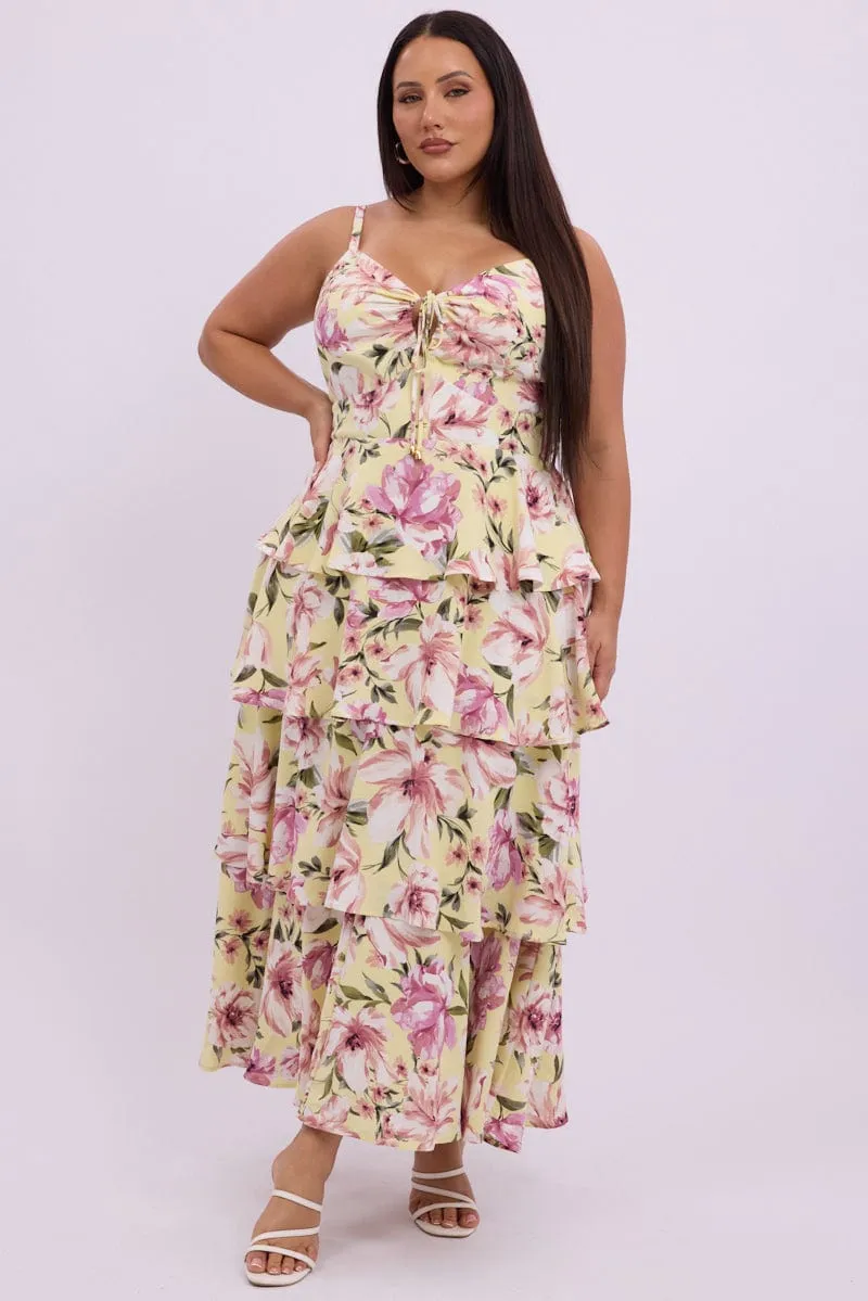 Long Sleeve Textured Surface Yellow Floral Midi Dress Sleeveless Tiered Ruched Bust