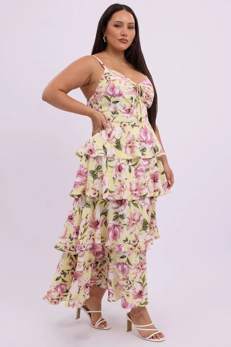 Yellow Floral Midi Dress Sleeveless Tiered Ruched Bust Knit Cool