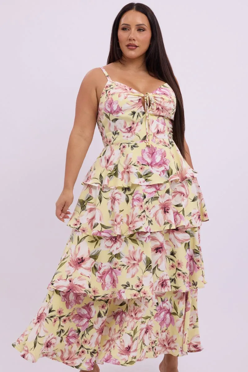 Love Energy Refined Presence Yellow Floral Midi Dress Sleeveless Tiered Ruched Bust