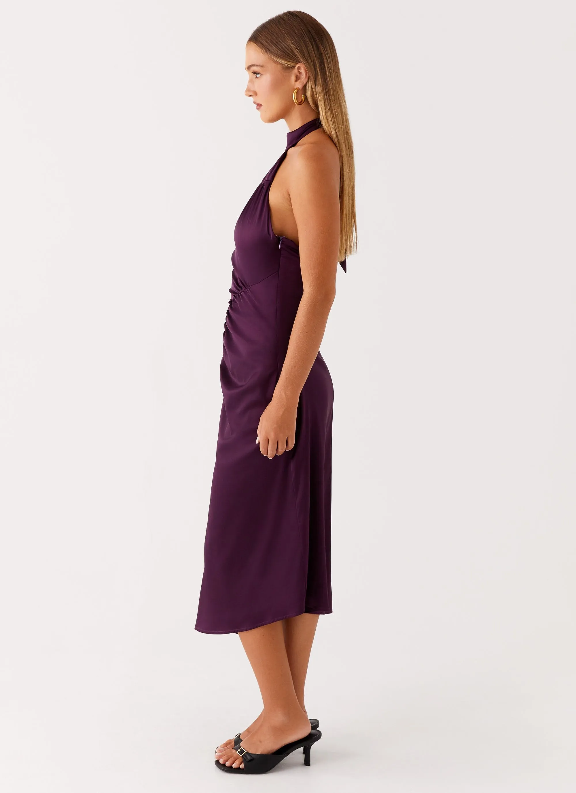 Casta Halterneck Midi Dress - Plum Pleated design