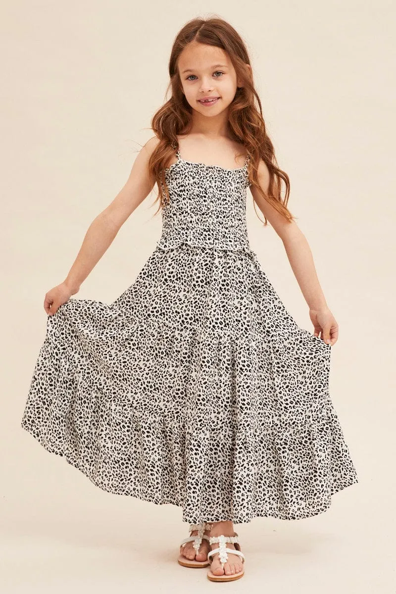Silky Shine Neutral Base Animal Print Kids Midi Dress Singlet Tiered